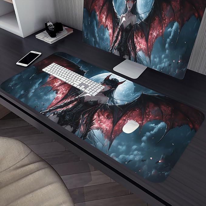 Anime Desk Mat Dark Fantasy Medieval Bat Wings Moon XL Mouse Pad Large Mousepad Extended Laptop Keyboard Mat Gaming Desk Pad Mouse Mat 31.5"x11.8" Office Computer Keyboard Laptop Home