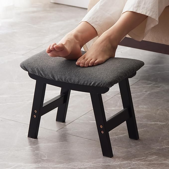 Kitsanery Foot Stool,Ottoman,Bamboo Small Sofa Foot Rest Under Desk,Extra Seating for Living Room, Bedroom and Kitchen (Black Stool Legs - Gray Surface)