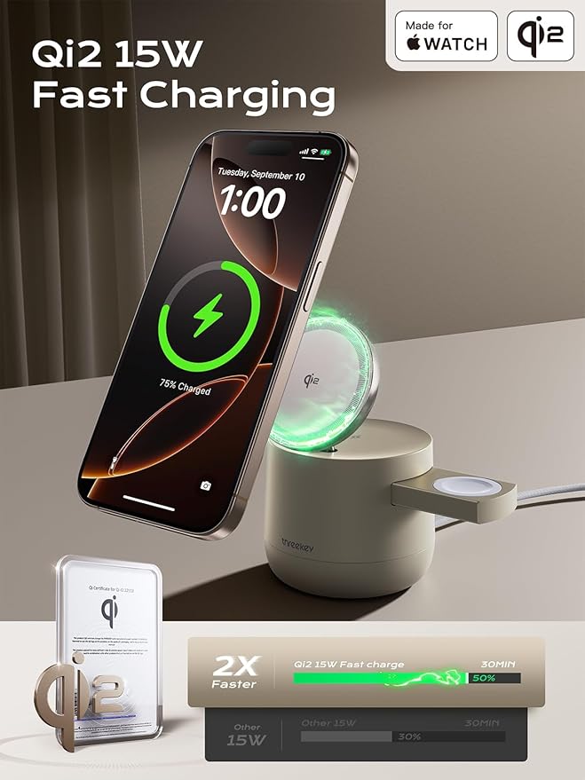 THREEKEY 4 in 1 Qi2 Magnetic Wireless Charging Station for MagSafe, 15W Fast Charger with Made for Apple Watch Charging Module, for iPhone 17–12 Series & AirPods, 65W Adapter Included