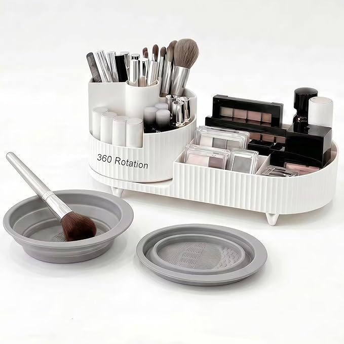 360 Rotating Makeup Organizer for Vanity Large Capacity Cosmetic Organizers with Makeup Brush Holder,Bathroom Counter Organizer and Vanity Organizer,Includes Collapsible Makeup Brush Cleaning Bowl
