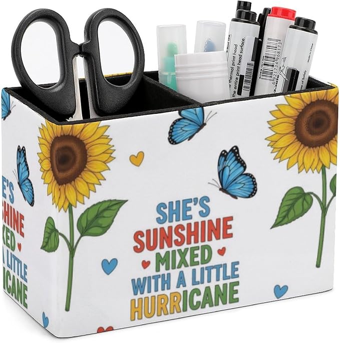 PU Leather Makeup Brush Holder Beautiful Sunflowers, Organize Your Desk in Style