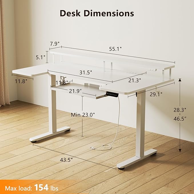 OffiGo U Shaped Electric Standing Desk with Keyboard Tray, 63 Inch Height Adjustable Desk with Power Outlets & LED Lights, Sit Stand Table with Monitor Stand for Home, Office, White