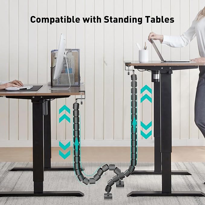 Clamp-On Cable Management Spine, No-Drill Vertebrae Wire Hider for Glass & Wood Standing Desks, Tool-Free Adjustable Desk-to-Floor Cord Organizer Snake with Non-Scratch Silicone Padding