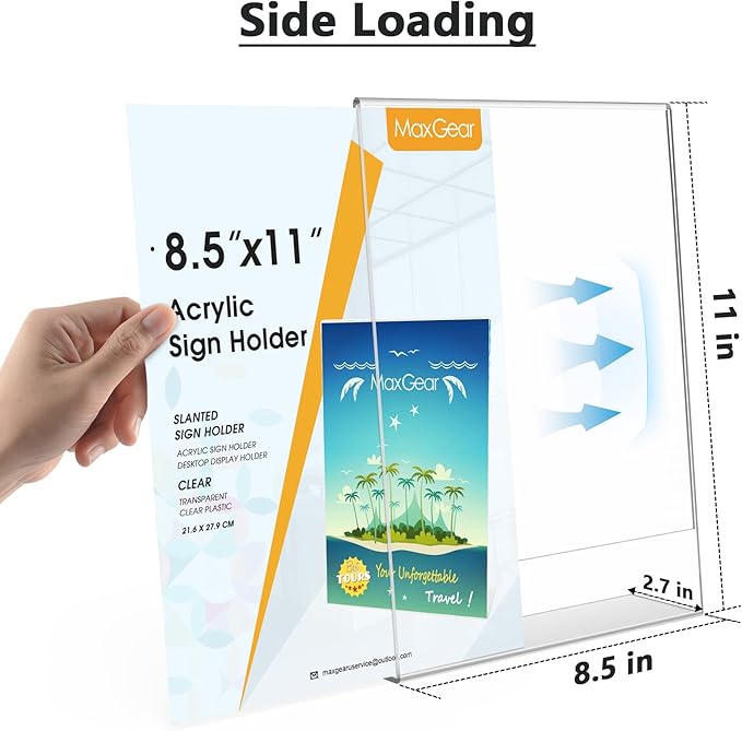 MaxGear Acrylic Sign Holder 8.5 X 11, Plastic Paper Holder With Vertical Slanted Back, Picture Photo Frames Display Stand Flyer and Document Organizer for Office Desktop Use, 36 Pack