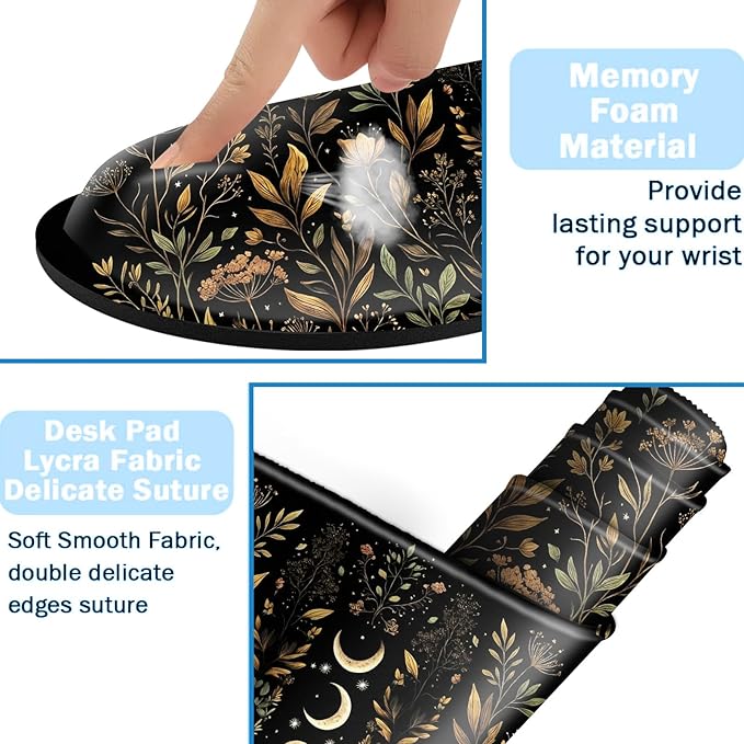 Ergonomic Mouse Pad Set with Wrist Support for Keyboard and Wrist Rest for Mouse, Memory Foam Comfort, Non-Slip Large Desk Mat for Home Office Pain Relief,Moon Star Flowers