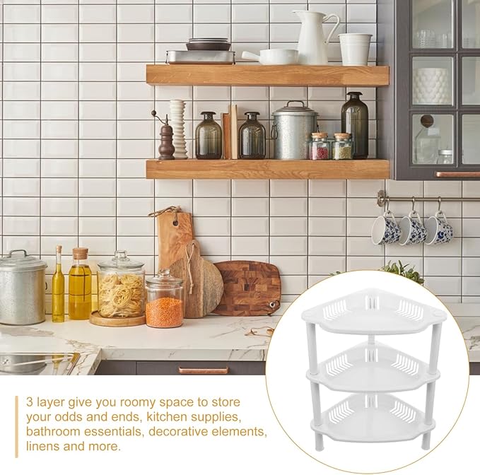 PRETYZOOM 3 Layer Plastic Shower Caddy, Space-Saving Organizer Rack for Toiletries, Kitchen Counter Corner Shelf for Condiment Bottles, No-Tool Assembly, 13.5 X11 X8.3 Inches