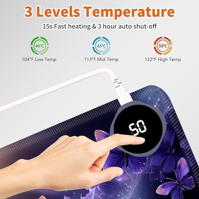 Heated Mouse Pad,Warm Desk Pad with 3 Levels Heating & 3 Hours Auto Shut-Off, PU Leather Heated Desk Pad Warmer Pad for Home Office - 31.5 x 13 inch,Purple Butterfly