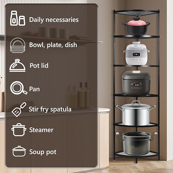 6-Tier Kitchen Corner Shelf Triangular Corner Pot Rack Storage Shelf Multi-tier,Carbon Steel Cookware Stand Home Storage Organizer Holder for Pans Pots and Kettles