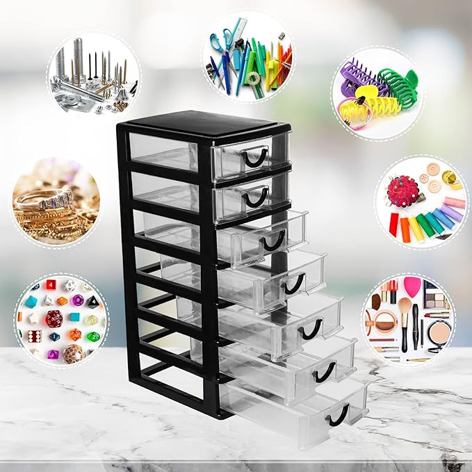 Rempry Mini Plastic Drawers Organizer, 7.1"cx5.1"x13.2" Small Storage Drawers Containers with 7 Clear Drawer Units, Black
