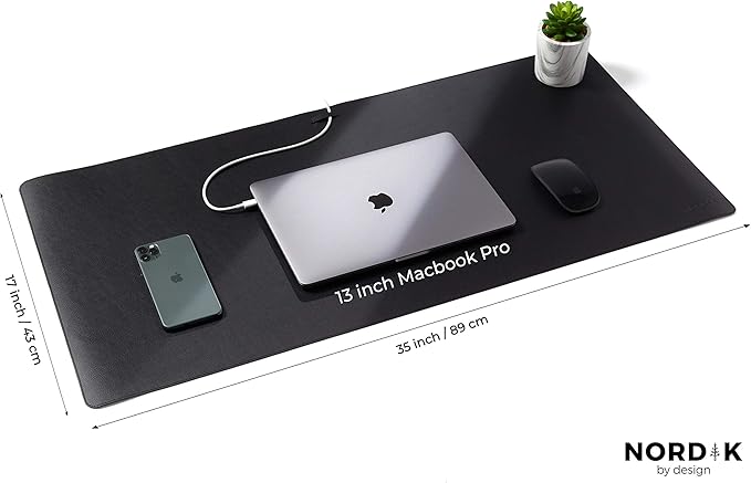 Black Leather Desk Mat and Black Vertical Laptop Stand - Black Monochrome Work from Home Laptop Set