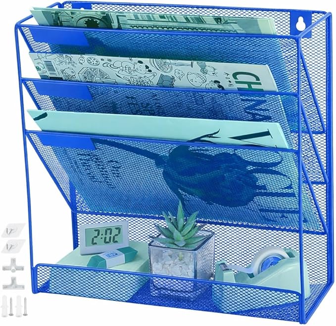 3 Pockets Mesh Wall File Holder Organizer with Bottom Flat Tray, Office Hanging File Folder Magazine Rack, Nametag Label Hooks Set Included, Blue