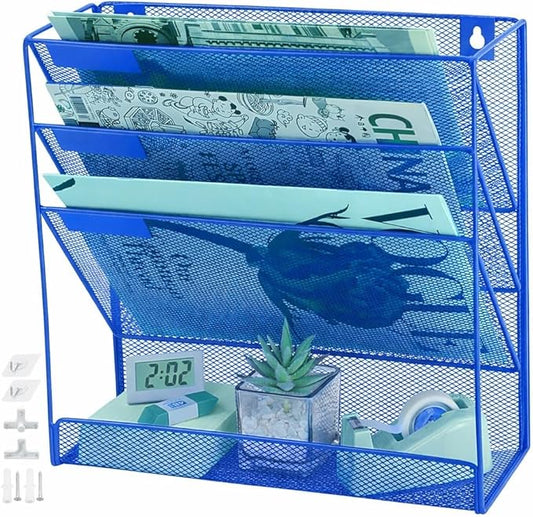 3 Pockets Mesh Wall File Holder Organizer with Bottom Flat Tray, Office Hanging File Folder Magazine Rack, Nametag Label Hooks Set Included, Blue