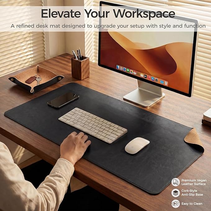 Premium Faux Leather Desk Mat & Tray Set，Innovative Cork-Look Printed Base，Gift Tube Packaging，Full-Desk Coverage，Non-Slip Desk Pad for Office Home（Classic Black）