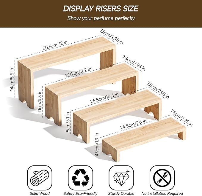 4 Tier Large Display Wooden Riser Stand 2 Set Decorative Rectangular Wood Racks 8 Pieces Stackable Perfume Organizer Cologne Stand Wood Dessert Table Display Set for Vendor Events (Wood color, 8PCS)