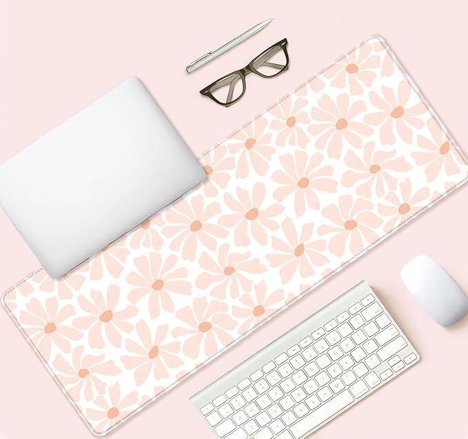 Pink Daisy Floral Boho Desk Mat, Girly Aesthetic Extended Large Mouse Pad, Minimalist White Non-Slip Cute Gaming Mousepad for Home Office Decor
