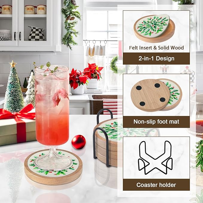 Christmas Coasters Set of 4 with Holder, Cewiru Cup Mat for Drinks, Absorbent Coasters with Felt Insert for Coffee Table Protection, Modern Style Home Dining Table Decor, 4.3"