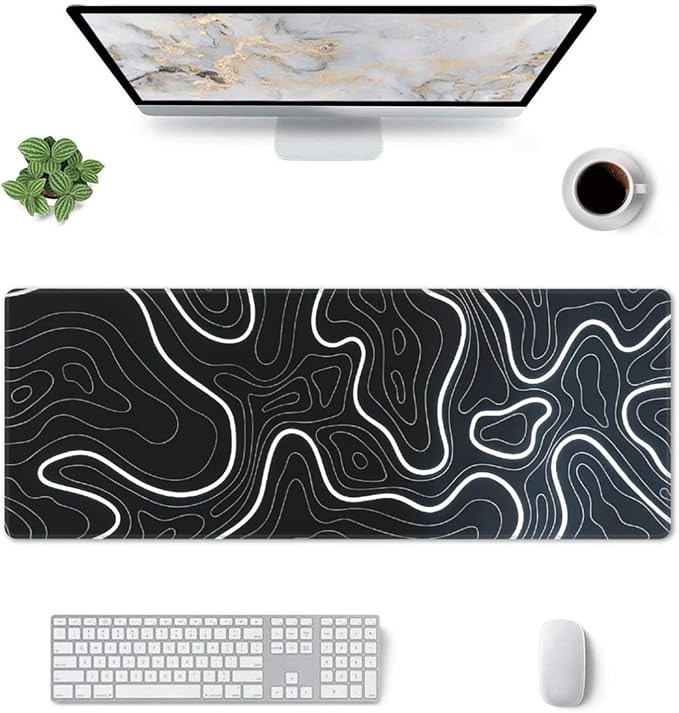 XL Topographic Map Large Gaming Mouse Pad, Long Extended Full Mouse Mat Desk Pad for Top Keyboard Table, Aesthetic Cute Big Stitched Mousepad Gifts for Women Office Decor(Black, 31.5 * 11.8 in)