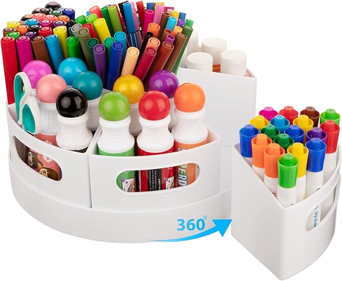CraftGenes Art Supplies Organizer, Extra Large 360° Rotating Desk Organizer with 7 Removable Compartments, Marker Organizer for Home, Office, and Classroom, Crayon Holder