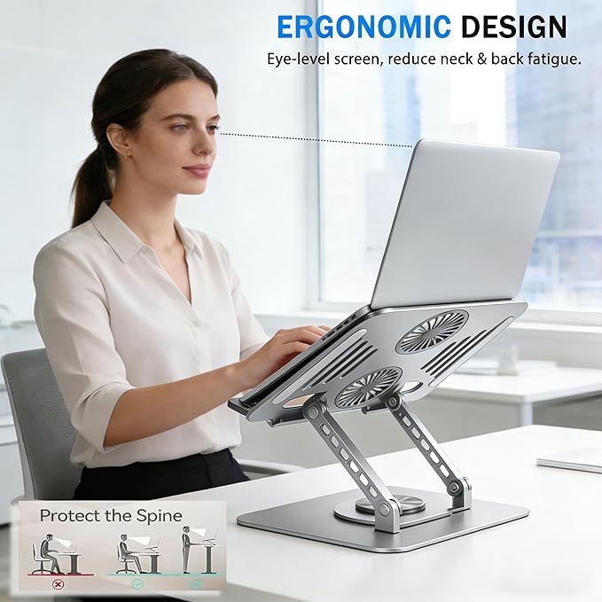 Laptop Stand with Cooling Fan, 360° Rotating Base Aluminum Laptop Riser, Foldable Ergonomic Computer Stand for Desk, Height Adjustable Notebook & All Laptops Up to 17.3" (Silver)
