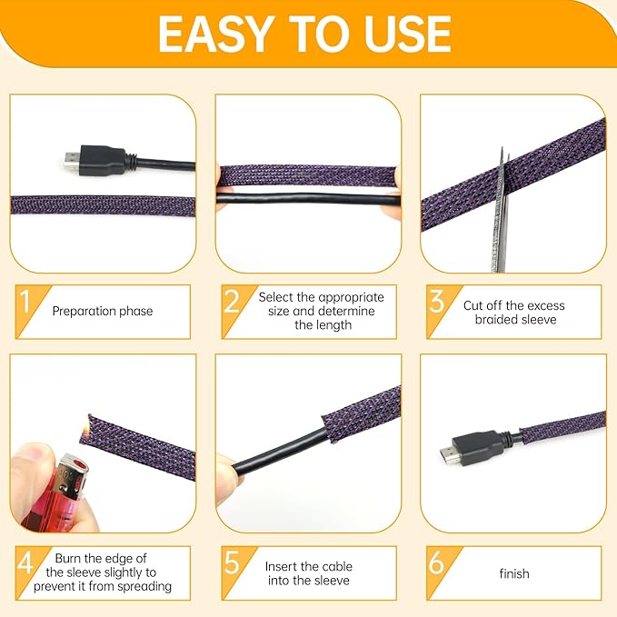 Braided Cable Sleeve, 33ft Expandable Wire Loom for Automotive Wiring Harness & PC Case, Pet-Proof Chew Resistant Cord Protector, Flexible Cable Management (Purple Black, 12mm (15/32"))