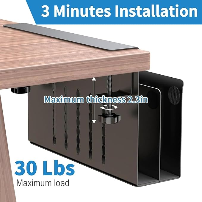 2 Tier Desk Side Storage Organizer, Under Desk Laptop Holder with Magnetic Pen Holder, No Drill Hanging Desk Caddy for Office and Home, Clamp On Desk Shelf for Tablet,Files, Accessories (Black)