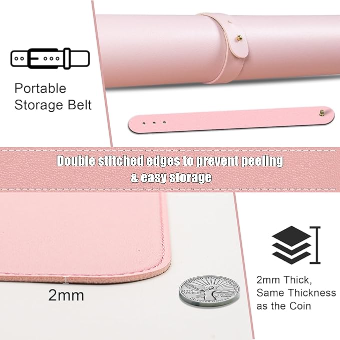 Dual-Sided Desk Pad, Natural Cork & PU Leather Mouse Pad for Desk, Desk Pad Protector, Non-Slip Desk Mat for Office and Home Work, (Pink, 23.6" x 13.7")