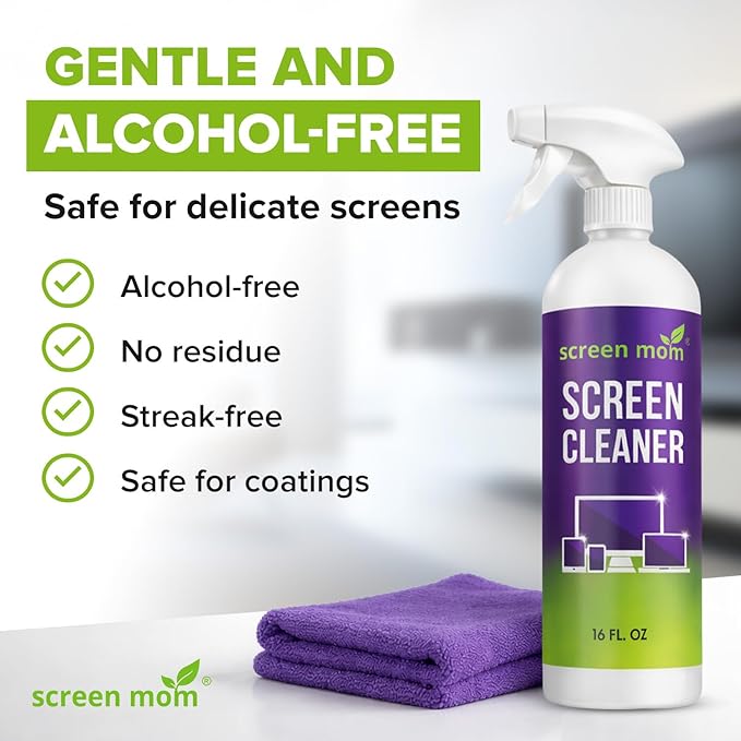 Screen Mom Screen Cleaner Spray and Microfiber Cloth 16oz Screen Cleaner Spray and Wipe for TV, Laptop, Computer, Phone, iPad, Car Screen Cleaning Kit Electronic Cleaner Spray