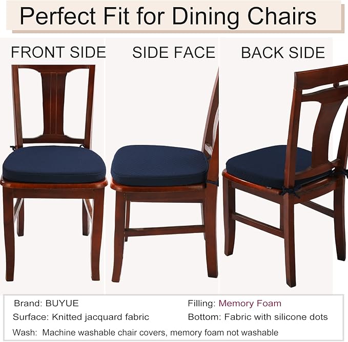 BUYUE Luxury 100% Pure Memory Foam Chair Cushion 1 Pack, Jacquard 16" U-Shape Comfortable Dining Chair Pad, Removable Slip Resistant Kitchen Chair Seat Cushion, (1 piece, Navy Blue)