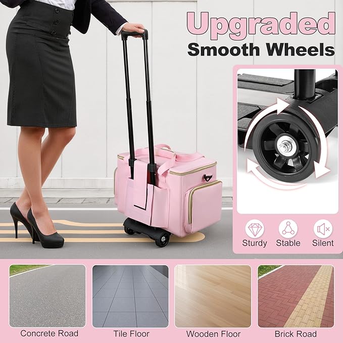 Housolution Rolling Teacher Bag with Wheels, Fits for 17" Laptop, Teacher Tote Bag with Detachable Trolley, Laptop Work Case with Anti Theft Lock, Briefcase Cart with Accordion File Organizer, Pink