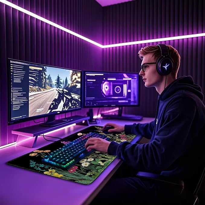 Wildflower Black Large Gaming Mouse Pad 31.5"x15.7"｜ XXL Desk Mat, Non-Slip Rubber Base & Stitched Edges - Extended Waterproof Mousepad for PC/Laptop/Office/Home Decor