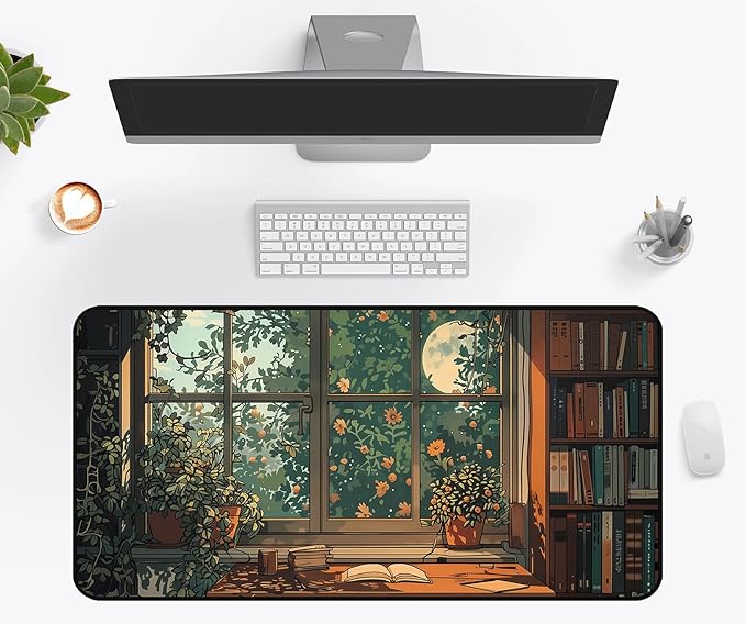 Green Plant Flower Desk Mat, Window Side Moonlight Library Book Mouse Pad, Extended Game Deskpad, XXL Keyboard Mousepad, for Work Game Office Home Retro Forest Desktop Decor 31.5"X15.7"