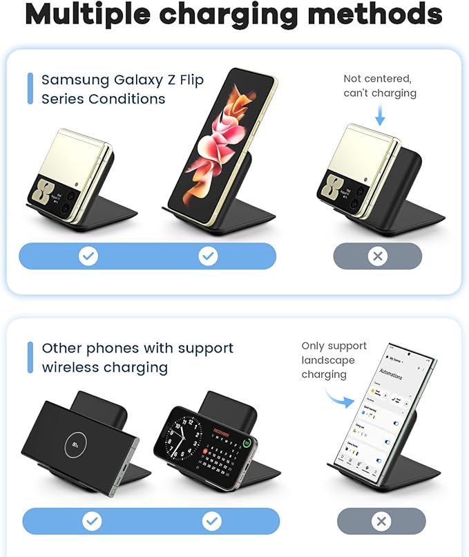 Samsung Galaxy Z Flip 7 Wireless Charger 15W Foldable Stand,Qi Fast Charging Station Travel Dock for z Flip 7 6 5 4 3 & Motorola Razr+,PD 20W Adapter Included,Black