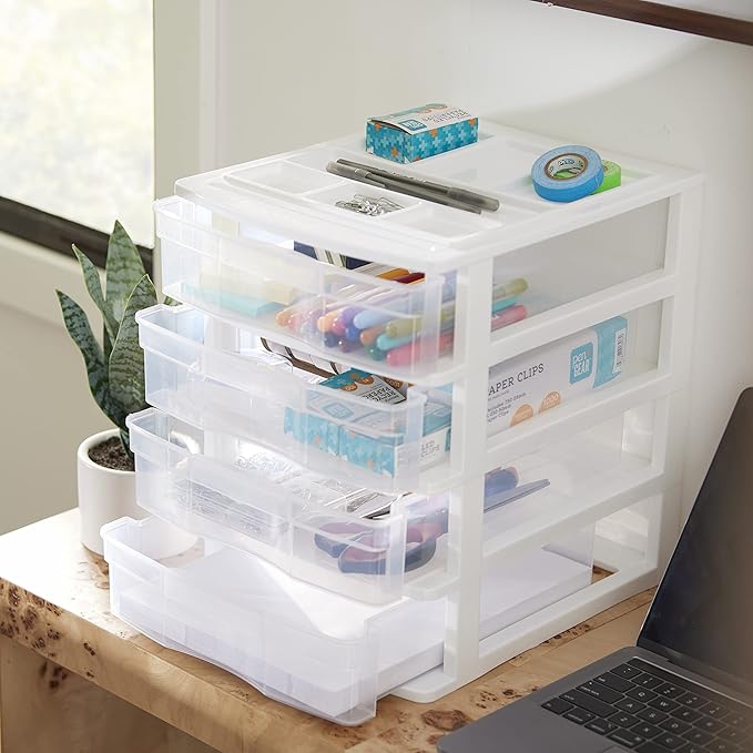 Gracious Living 4 Drawer Desktop & Countertop Organizer w/Organization Lid for Craft Storage, Office Supplies & School Supplies, White/Clear (4 Pack)