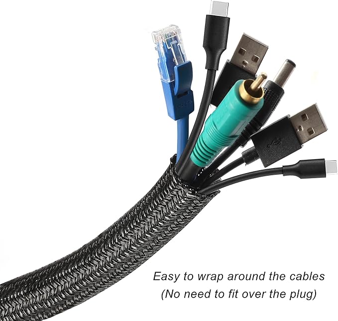 25ft - 1 inch Braided Cable Management Sleeve Cord Protector - Self-Wrapping Split Wire Loom for TV/Computer/Home Theater/Engine Bay - Black