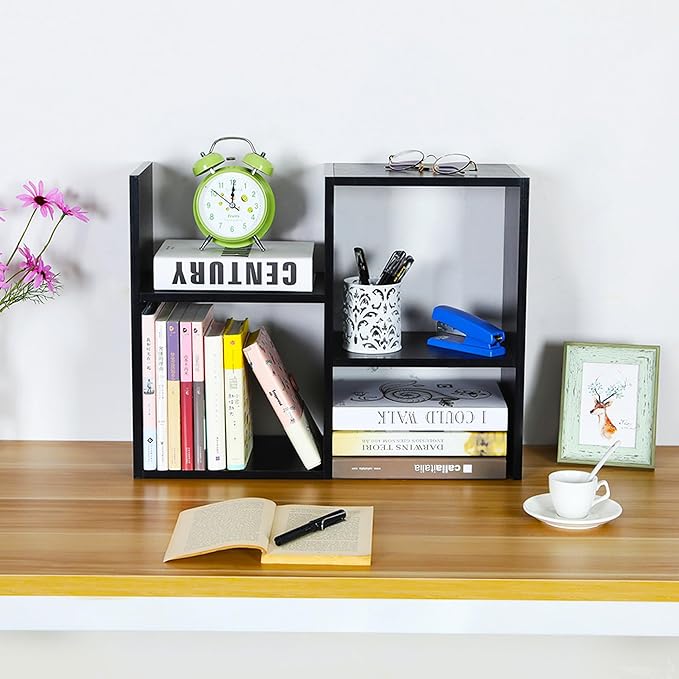 TQVAI 2-Tier Desktop Bookshelf, Freestanding Multipurpose Wood Desk Top Organizer for Books, Office Supplies, Plants, Photo Frames, Small Open Storage Shelves for Office Home Dorm, Black