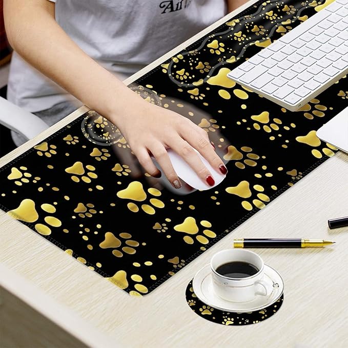 Ergonomic Mouse Pad Set with Wrist Support for Keyboard and Wrist Rest for Mouse, Memory Foam Comfort, Non-Slip Large Desk Mat for Home Office Pain Relief,Dog Gold Paw Prints
