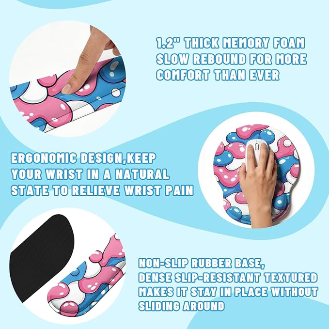 Abstract Desk Mat Set Bubble Pop Cartoon Pink Blue Large Mouse Pad with Wrist Rest 4in1 Desk Mat for Desktop Ergonomic Computer Desk Arm Wrist Anti-Slip Computer Mouse Pad Home Office Gaming