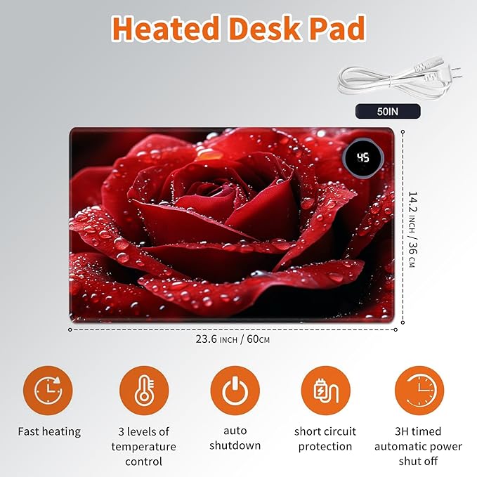 Heated Mouse Pad,Warm Desk Pad with 3 Levels Heating & 3 Hours Auto Shut-Off, PU Leather Heated Desk Pad Warmer Pad for Home Office - 23.6 x 14.2 inch,Red Rose