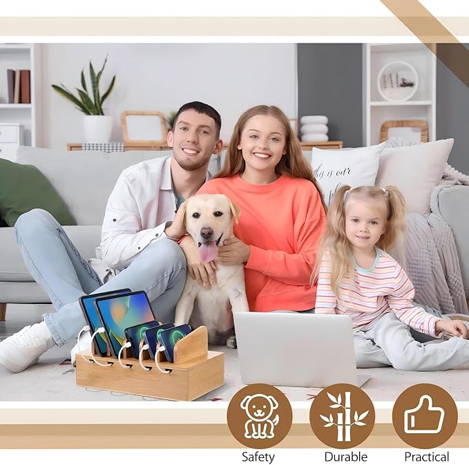 Bamboo Charging Station for Multiple Devices, Cell Phone Docking Charging Station Organizer and Cord Organizer for 10 Devices for Power Strip Storage, Phones and Tablets(Natural Wood Color)