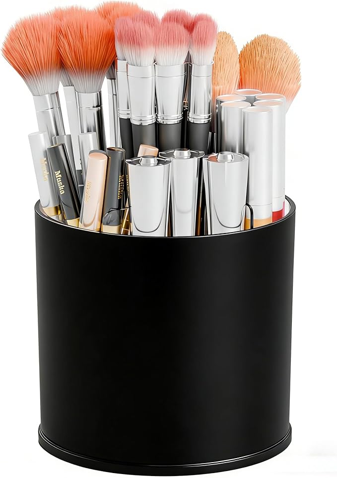 Yieach Rotating Acrylic Makeup Brush Holder for Vanity,Bathroom Countertop,Round Makeup Brushes Organizer,Spinning Cosmetic Brushes Holder,Make up Brush Storage and Office Desk Pen or Pencil Cup,Black