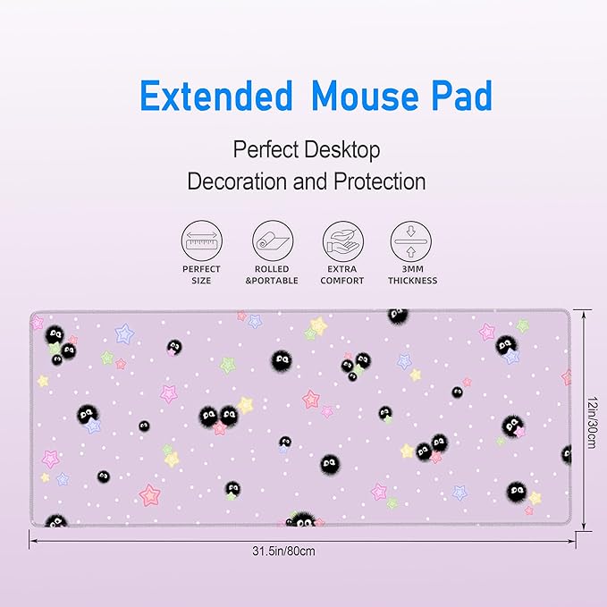 Cute Purple Mouse Pad,Large Kawaii Gaming Desk Mat(80x30cm),Star Sea Urchin Anime Lilac Decor Mousepad for Girls Women,Pastel Lavender Extended Girly Deskmat with Stitched Edges,31.5x12in