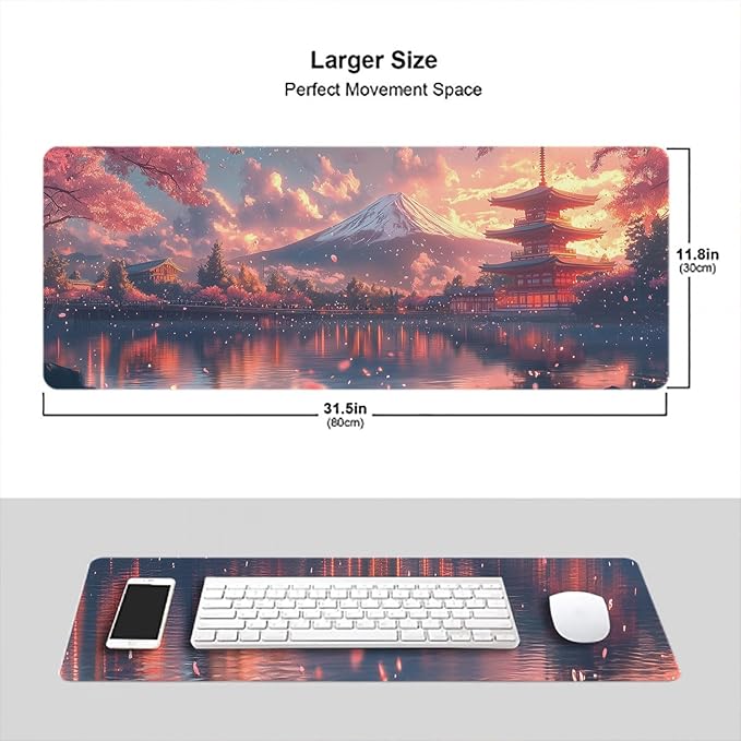 Mount Fuji Desk Pad Mouse Pad Cherry Pink Pavilion Lake Japan Large Gaming Mouse Mat with Stitched Edges,Non-Slip Waterproof Rubber Base Mous Mat 31.5"x11.8" Office Computer Keyboard Laptop Home