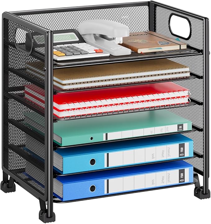 Simple Trending 6-Tier Paper Organizer for Desk– Letter Tray & File Holder with Handle, Metal Mesh Desktop Document Shelf for Office, Black