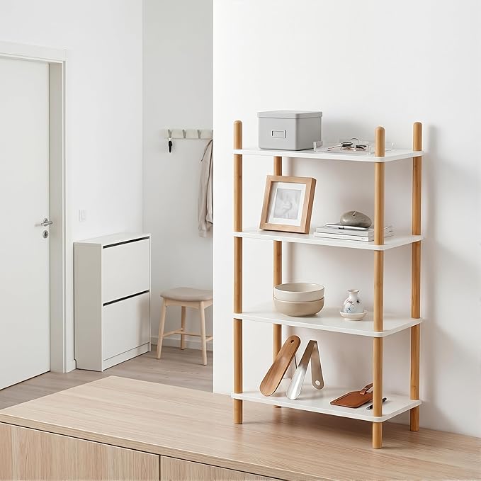 4-Tier Expandable Bamboo Desktop Organizer Shelf Kitchen Cabinet and Counter Riser Display Shelf for Top of Desk Home Office Bathroom Coffee Table Display Stand,White