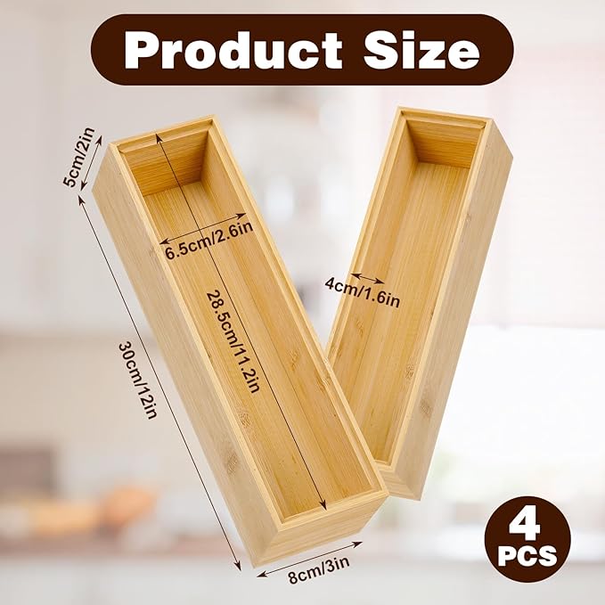 MAQUITA 4 Pack Kitchen Drawer Organizer, Small Silverware Drawer Organizer, Bamboo Utensil Organizer for Bathroom, Dressing Room, Office, Pantry (Natural, 12" x 3" x 2")