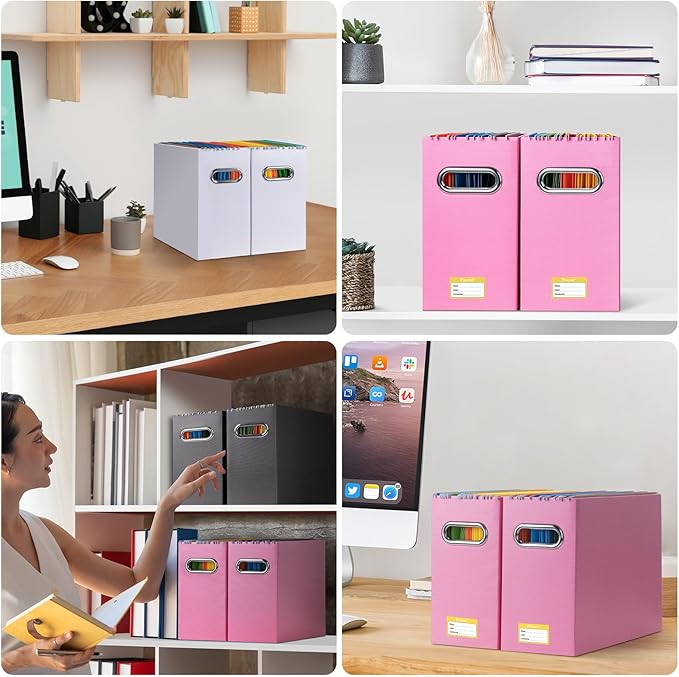 BALEINE File Organizer Box, Cardboard File Folder Organizer with Handle for Letter Size, Portable Collapsible Hanging Filing Box for Home Office Document Storage (1 Pack, Pink)