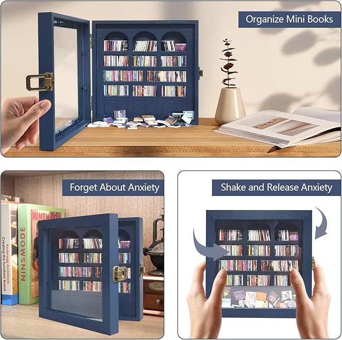 Anxiety Bookshelf – Mini Books Display for Stress Relief and Fun Decor, Perfect Decorative Miniature Library for Book Lovers, Ideal for Home Decor, Office Décor, and Thoughtful Gift Giving - Blue