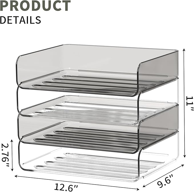 FANXIYQ 4-Tier Horizontal Acrylic Paper Tray Organizer | Clear Stackable Desk Organizer for Documents, Letters, A4 Paper | Modern Office/Classroom/Home Organization,Clear&Brown