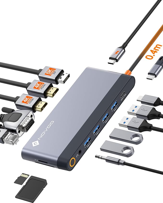 USB C Docking Station Quad Display, 14-in-1 Laptop Docking Station Dual Monitor, 8K@30Hz DP, Dual 4K@60Hz HDMI, VGA, 5 USB Data Ports, 100W PD, Ethernet, SD/TF, Mic/Audio, USB C HUB, Thunderbolt Dock
