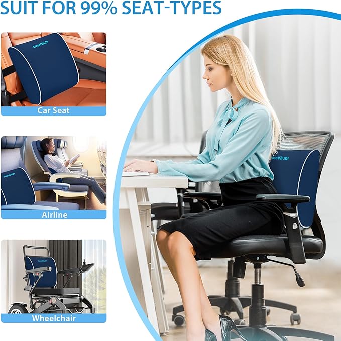 SweetSlubr Large Lumbar Support Pillow for Office Chair, Car Seats and Home Desks, Ergonomic Back Support with Double Adjustable Straps, Machine Washable Cover, Gray